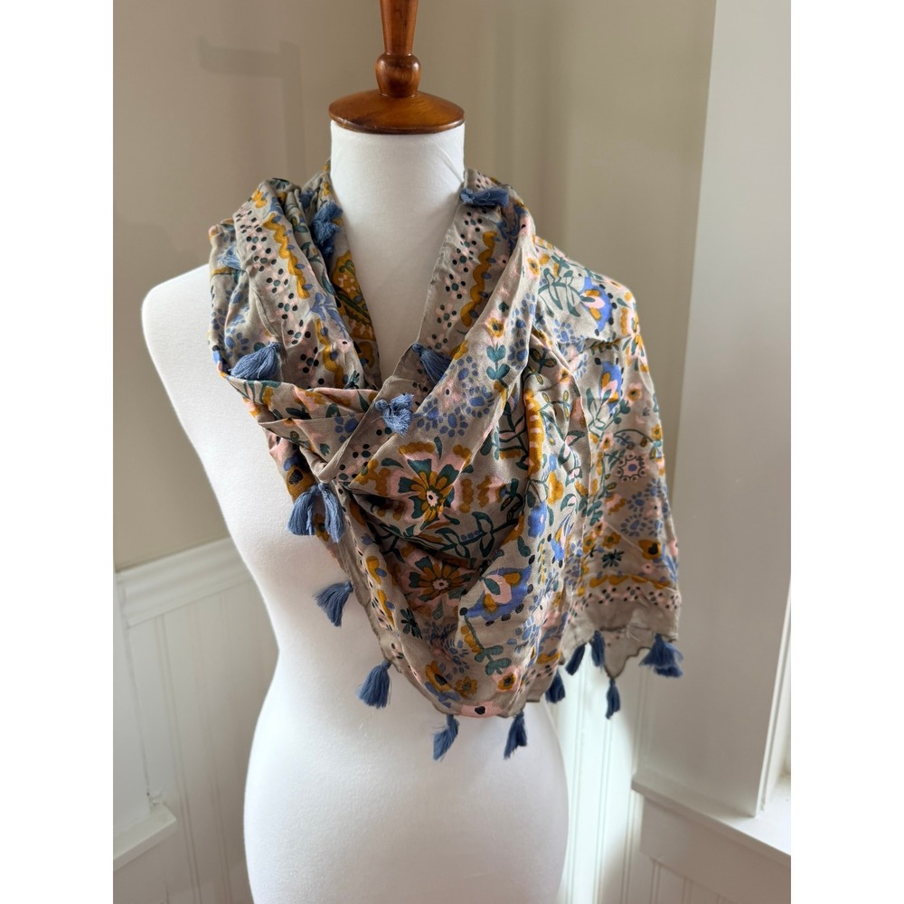 Natural Life Floral Tassel Scarf Lightweight Rayon Gauze Wrap Multi Blue NWT OS